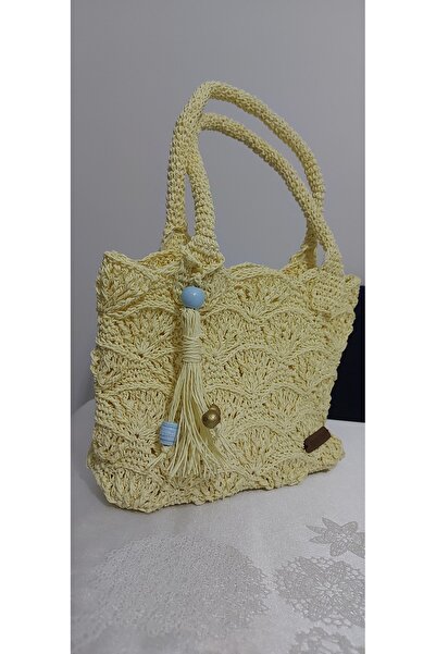 Yoran Büfe Hediyelik Light Yellow Mussel Model Hand Knitted Bag - 23 cm X 20 cm