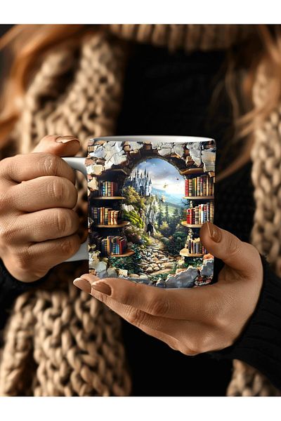 Evion Bookshelf Library Printed 3D Design Ceramic Mug - Gift Mug Cup