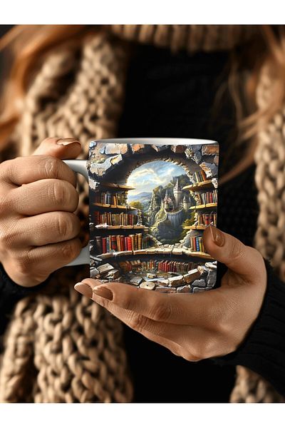 Evion Bookshelf Library Printed 3D Design Ceramic Mug - Gift Mug Cup