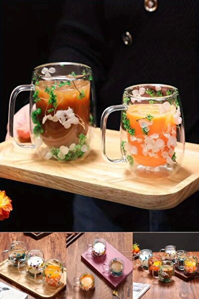 Rosemor 2 li Çiçekli Flower Cup Bardak Çift Cidarlı 350 ml El Yapımı Borosili...