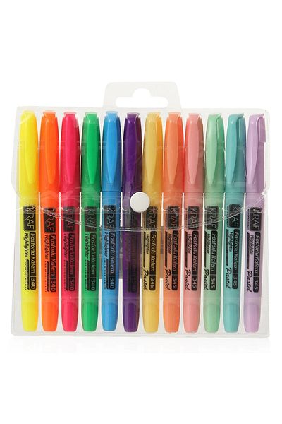 KRAF 340/345-12 - Set of 12 Pastel and Bright Colored Highlighter Pens