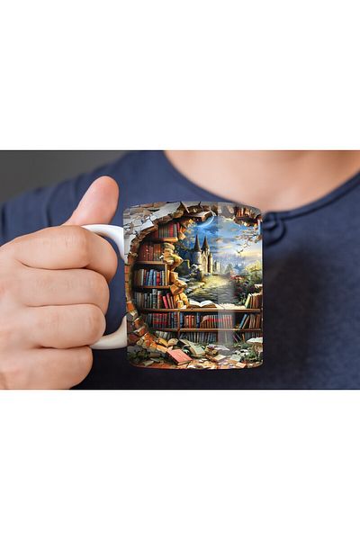 Evion Bookshelf Library Printed 3D Design Ceramic Mug - Gift Mug Cup