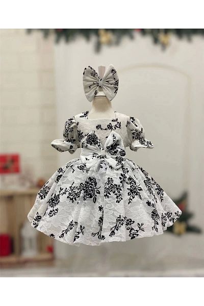 Nissa White Sihay Patterned Girl's Dress