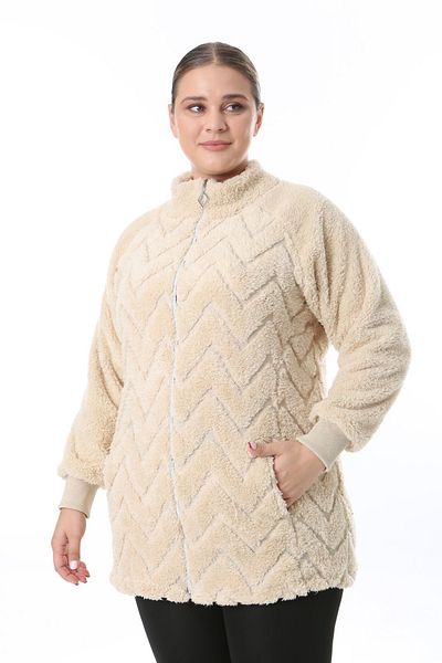 xlargebutik Plus Size Mink Stand Collar Long Sleeve - Plush Fleece Warm Cardigan with Side Pockets