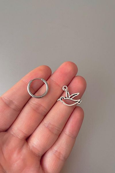 Jaida Moda Unisex Silver Bird Figured Dangle Steel Hoop Earrings