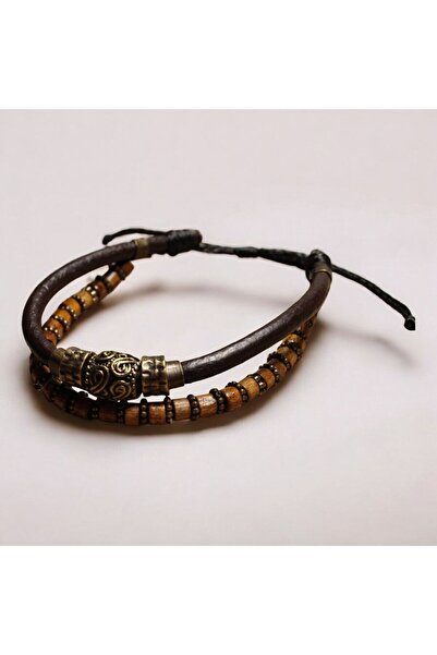 DEHNA Antik Desenli Metal Figürlü Kahverengi Deri Ve Ahşap Boncuklu Iki Parça Bileklik