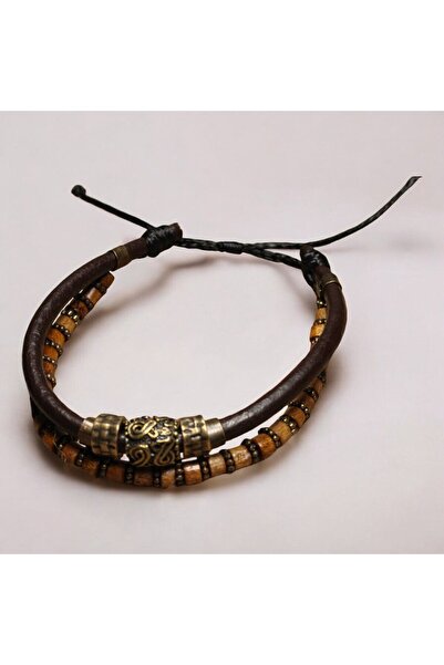 DEHNA Antik Desenli Metal Figürlü Kahverengi Deri Ve Ahşap Boncuklu Iki Parça Bileklik
