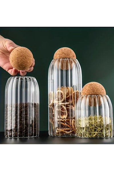MİMOZA PARK 3-Piece Jar Set with Cork Lid - Spice Bowl (1800/1300/900 ml)