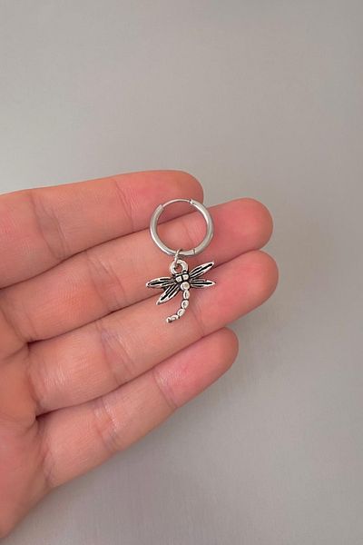 Jaida Moda Unisex Silver Dragonfly Figured Dangle Steel Hoop Earrings