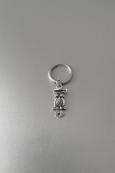 Jaida Moda Unisex Gray Owl Figured Dangle Steel Hoop Earrings