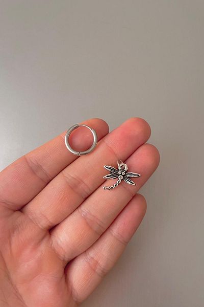 Jaida Moda Unisex Silver Dragonfly Figured Dangle Steel Hoop Earrings