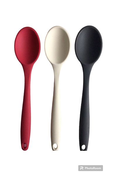 PİNK ROSE Bybirgül Large Size Fireproof Non-Stick Silicone 3-Piece Spoon Spatula Set, White+Red + Anthracite Color 3 Pieces