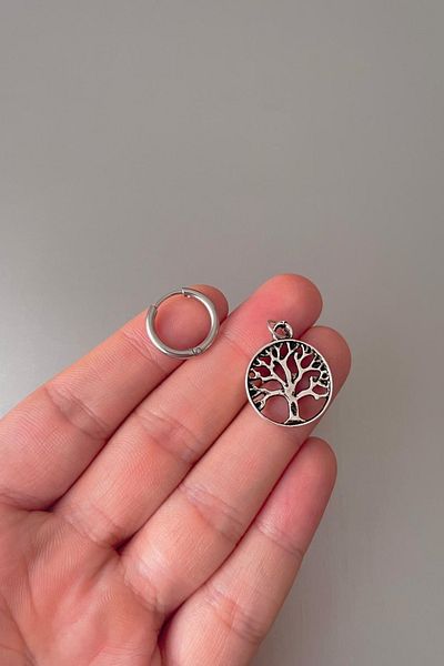 Jaida Moda Unisex Silver Tree of Life Figured Dangle Steel Hoop Earrings