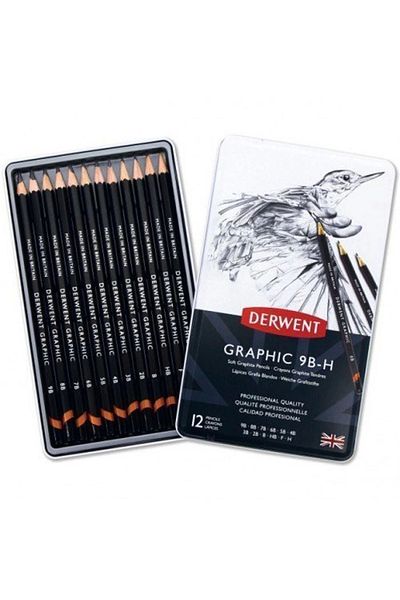 Derwent 12 Li Tin Graphic Set Graduated Pencil and Case