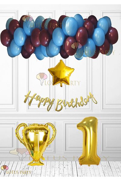 LOTUS PARTY Burgundy Blue Balloon Fan Birthday Set - Mug Foil Balloon - 1 Year Old
