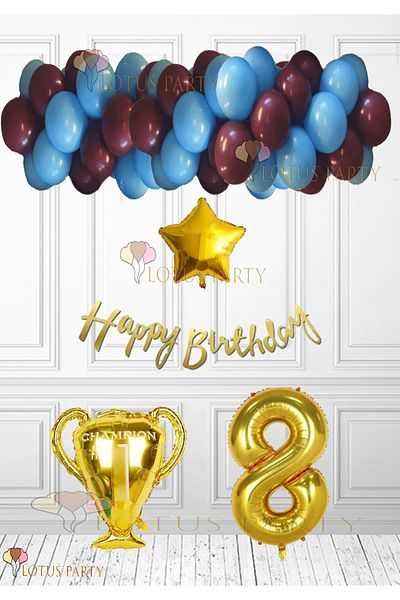 LOTUS PARTY Burgundy Blue Balloon Fan Birthday Set - Mug Foil Balloon - Age 8