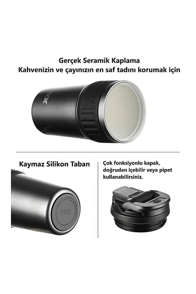 TKK Vagonlife T2023 - 630 ml Dark Gray Tungsten Steel Steel Thermos Mug with Straw and Strap