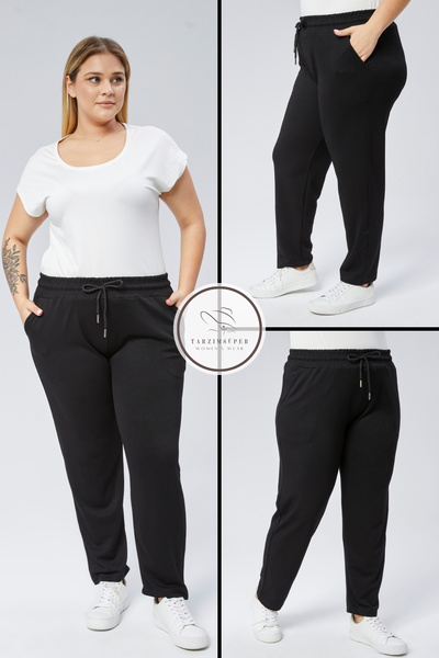 tarzımsüper Plus Size Elastic Waist Comfort Model High Waisted Pocket Soft Stretch Fabric Straight Leg Sweatpants