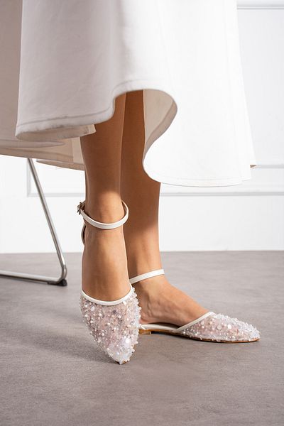 Almera's Shoes Balerini din plasă de culoare sidef cu paiete brodate