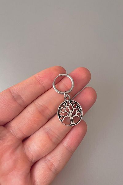 Jaida Moda Unisex Silver Tree of Life Figured Dangle Steel Hoop Earrings