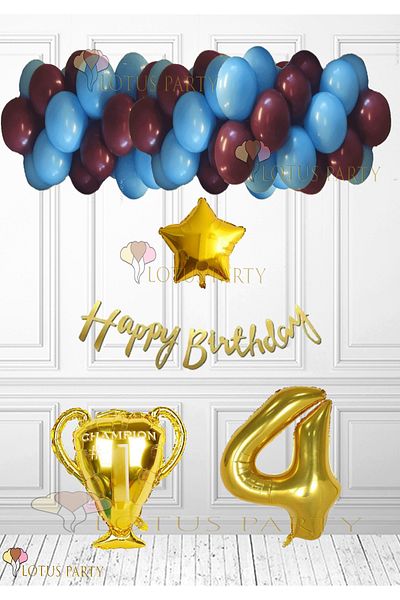 LOTUS PARTY Burgundy Blue Balloon Fan Birthday Set - Mug Foil Balloon - Age 4