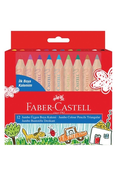 Faber Castell Jumbo Üçgen Yarım Boy Kuru Boya Kalemi - Ilk Boya Kalemim 12'li