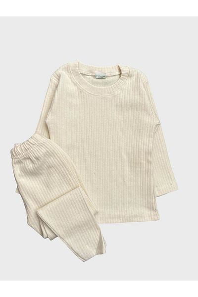 ALİŞ KİDS Girl's Cotton Ecru Corded Fabric Long Sleeve Tights Set