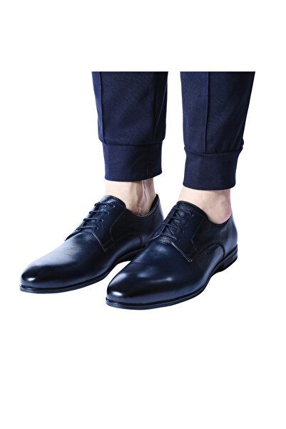 bagcini Navy Blue Genuine Leather Men's Classic Shoes