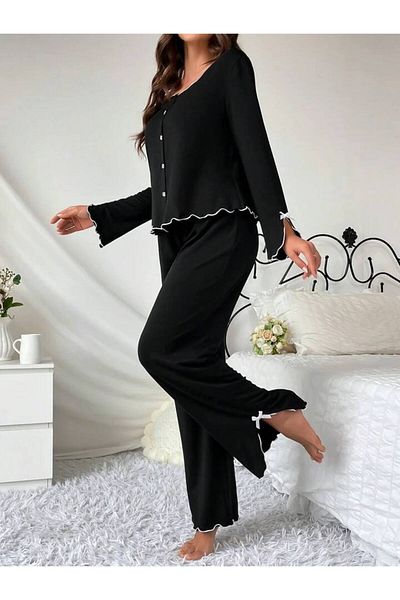 BLACK Set pijamale elegant pentru femei - fustă cu volan, mânecă lungă, gât rotund, cu nasturi