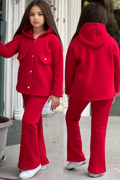 ELAFOR 3 Thread Raised Winter Wide Leg Bottom Top Girl's Tracksuit Set with Fleece Inside