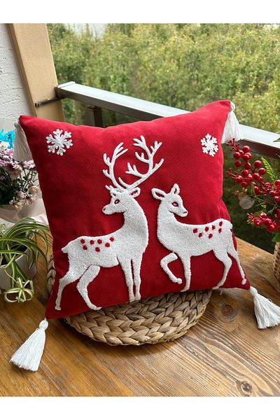en gözde home New Year Christmas Themed Punch Embroidered Throw Pillow Cover