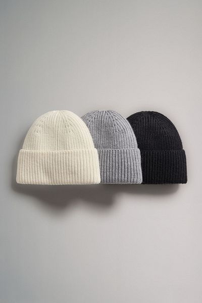 Pissos Winter Plain Knitted 3-Pack Beanie Premium Hat Set (Black-Grey-Ecru)