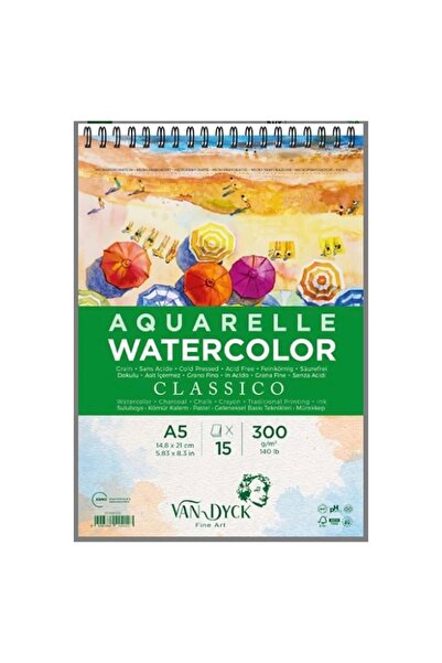 Van Dyck VD420412 CLASSICO DOKULU ÜSTTEN SPİRALLİ SULUBOYA BLOK A5 300GR 15 YP