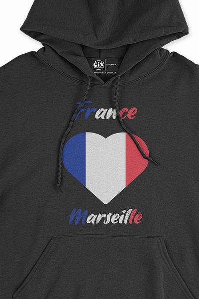 Cix Hanorac negru cu inimă cu drapelul Franței din Marsilia
