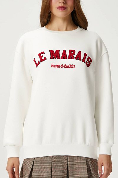 Ritnice Women's Marais Ecru Red Embroidered Oversize Sweatshirt