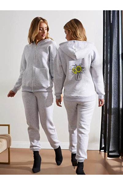 Pink Sky Women's Vase Printed Zippered Sweatshirt Bottom Top Tracksuit Set