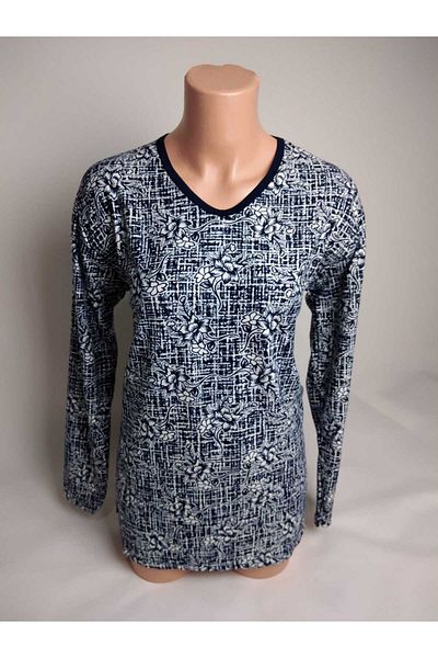 YAŞAR TRİKO Bluză tricou din bumbac pieptănat pentru femei, albastru bleumarin, cu decolteu în V, cu mâneci lungi, cu fante laterale