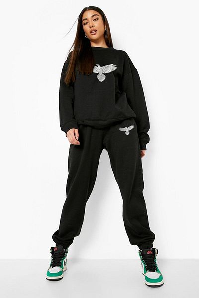 Frisson Women's Eagle Printed Sweatshirt Tracksuit Bottom-Top Set