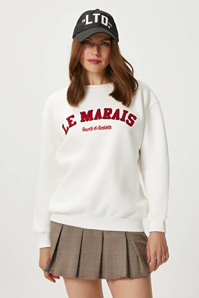 Ritnice Women's Marais Ecru Red Embroidered Oversize Sweatshirt