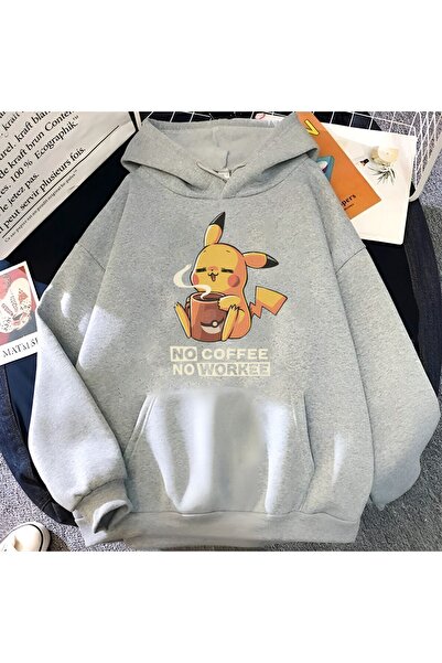 Mythologie Pikachu Coffe Sweatshirt - Gri Baskılı Oversize Şardonlu Kapüşonlu