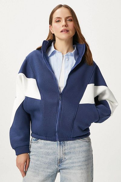 Ritnice Women's Gorce Zippered Stand Collar Navy Blue Oversize Sweatshirt