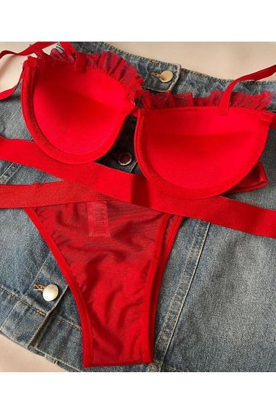Kelebeklingerie Oyster Model Satin Striped Padded Bra Set
