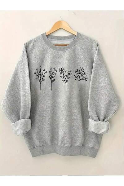 modaberry سترة 4 Flowers - رقبة دائرية مطبوعة باللون الرمادي كبيرة الحجم