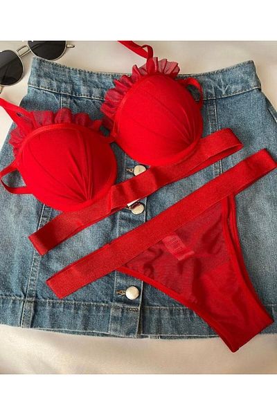 Kelebeklingerie Oyster Model Satin Striped Padded Bra Set