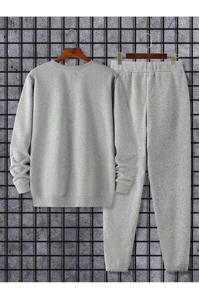 Mythologie A Letter Sweatshirt Sweatpants Jogger - Gray Printed Sweatpants Set Crew Neck