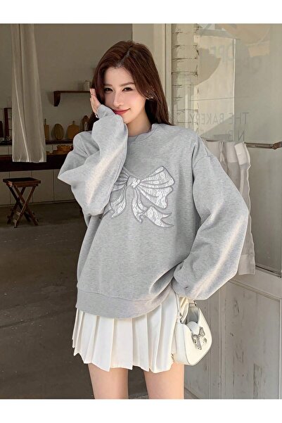 Mythologie Світшот з дизайном стрічки - сірий з принтом, оверсайз, з шардоном, з велосипедним коміром