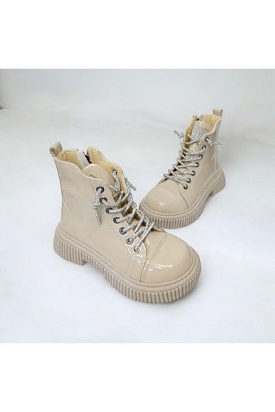 PATİK BEBE Κοριτσίστικες μπότες με φερμουάρ με κορδόνια σε κρεμ χρώμα
