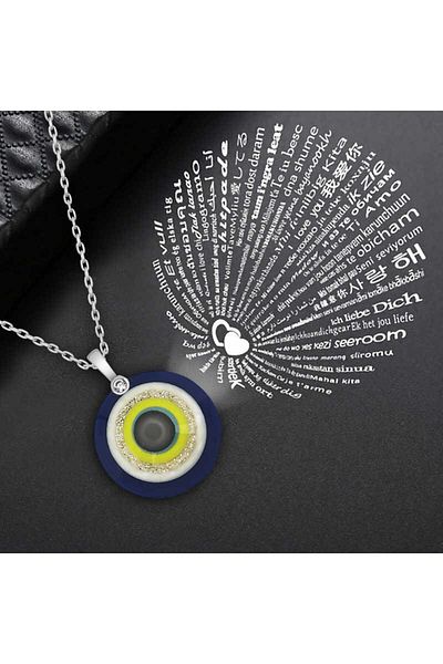 ECOME 925 Sterling Silver I Love You in 100 Languages Evil Eye Necklace