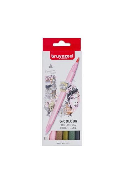 Bruynzeel Fineliner & Brushpen Double Tip Pen Set of 6 - Tokyo