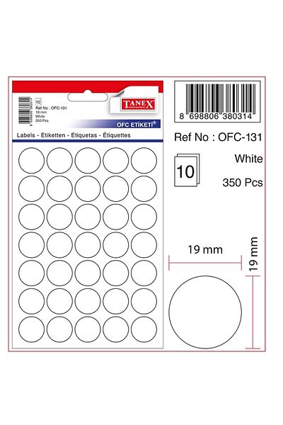 Tanex Λευκό στρογγυλό αυτοκόλλητο γραφείου 19 mm - σε τσάντα, 10 Συσκευασία Ofc-131